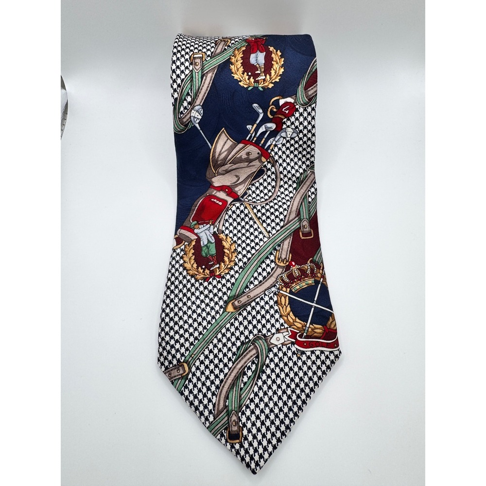 Benchmark Silk Necktie Mens Navy Blue Golf Houndstooth‎ Pattern
